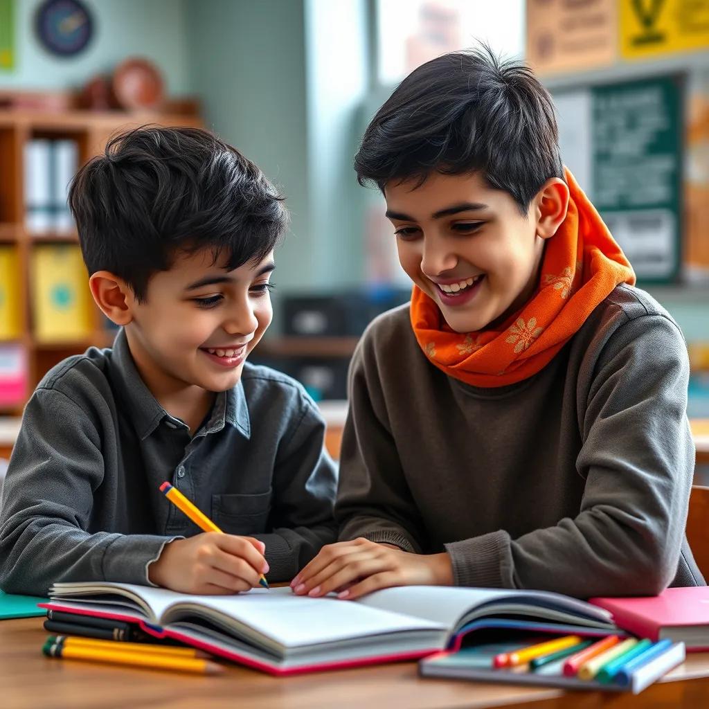 Image of Sami, a young Arab boy with short black hair, helping a classmate with homework, both smiling with books and pencils around them, cheerful classroom setting, colorful and warm light, engaging atmosphere, high quality