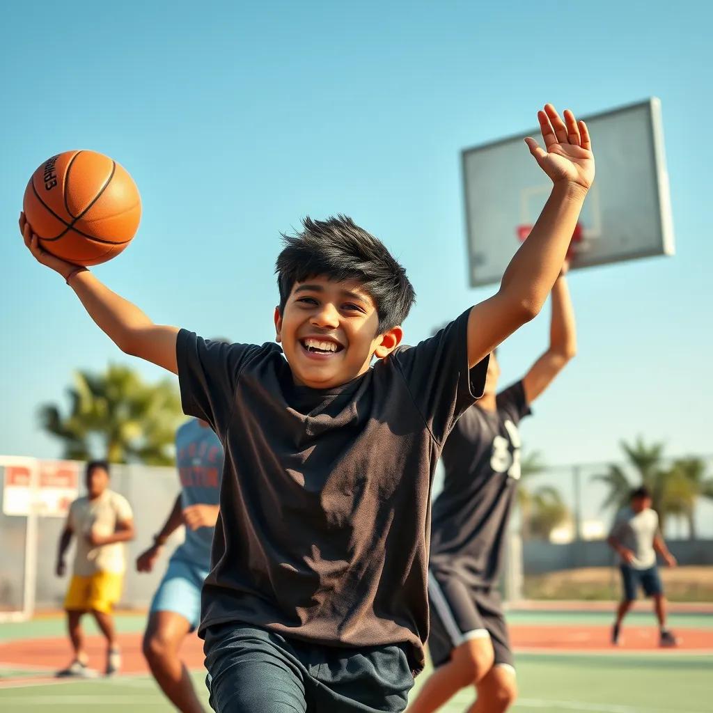 Image of Sami, a young Arab boy with short black hair, playing basketball with friends, showing teamwork and joy, dynamic action scene, bright colors, outdoor sports setting, high quality