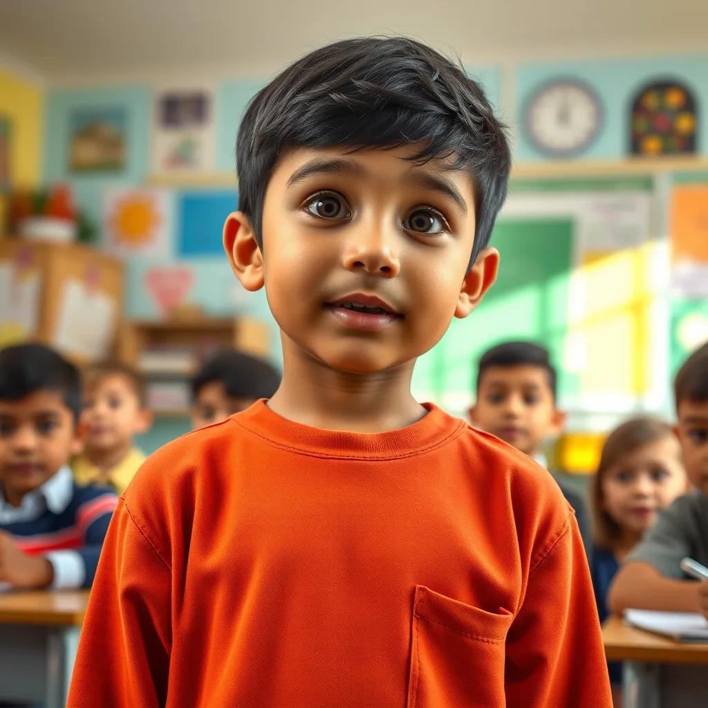 Image of Sami, a young Arab boy with short black hair, standing proudly in front of his classmates, sharing his ideas and stories, bright classroom colors, inviting atmosphere, high quality