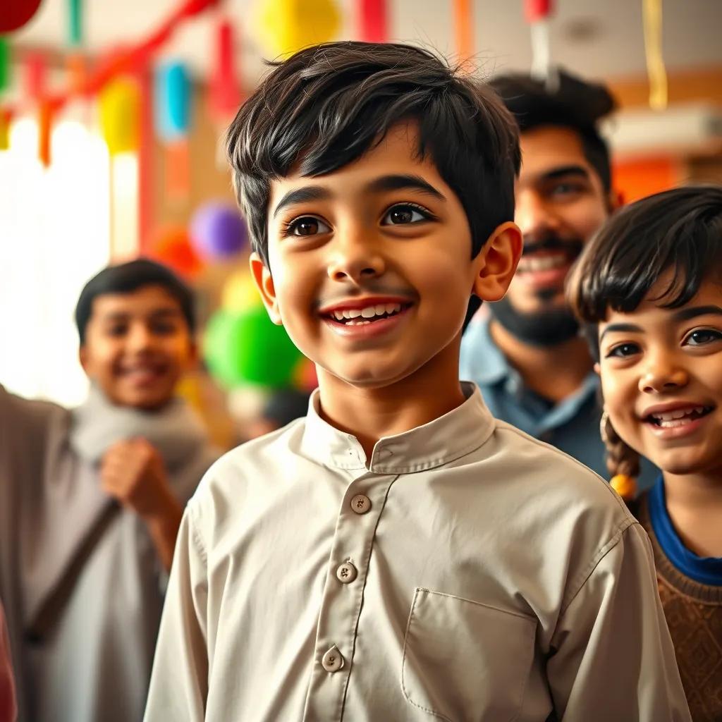 Image of Sami, a young Arab boy with short black hair, celebrating with friends after a fun school performance, colorful decorations in the background, joyful and happy expressions, high quality