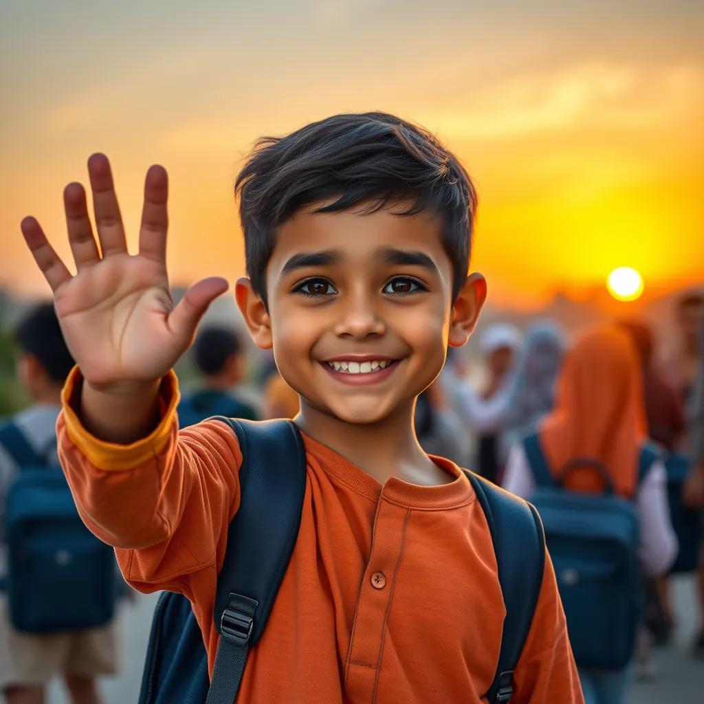 Image of Sami, a young Arab boy with short black hair, waving goodbye to friends at the end of the school day, sunset background with warm colors, friendly and inviting atmosphere, high quality