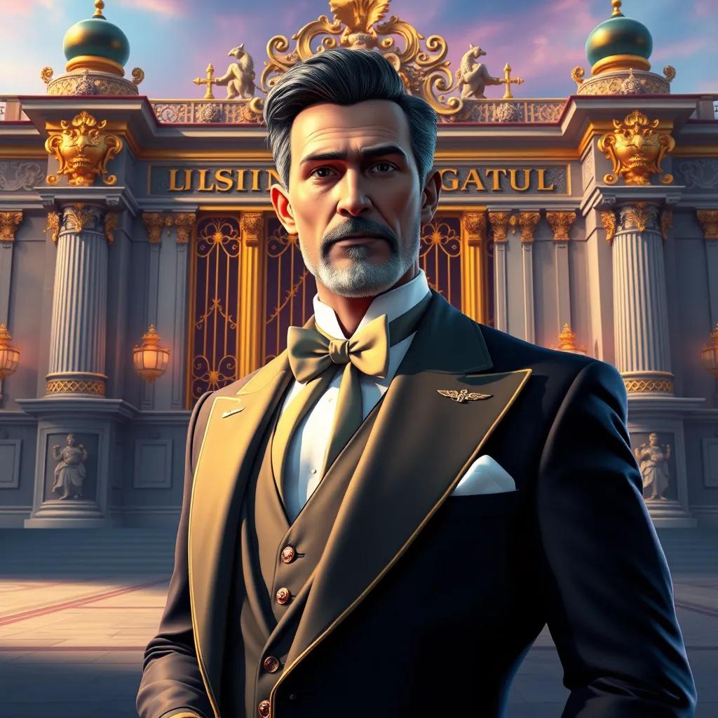 Image of A rich man, wearing a luxurious suit, standing in front of a grand palace with golden gates, detailed digital art, vibrant colors, impressive and majestic atmosphere, high quality