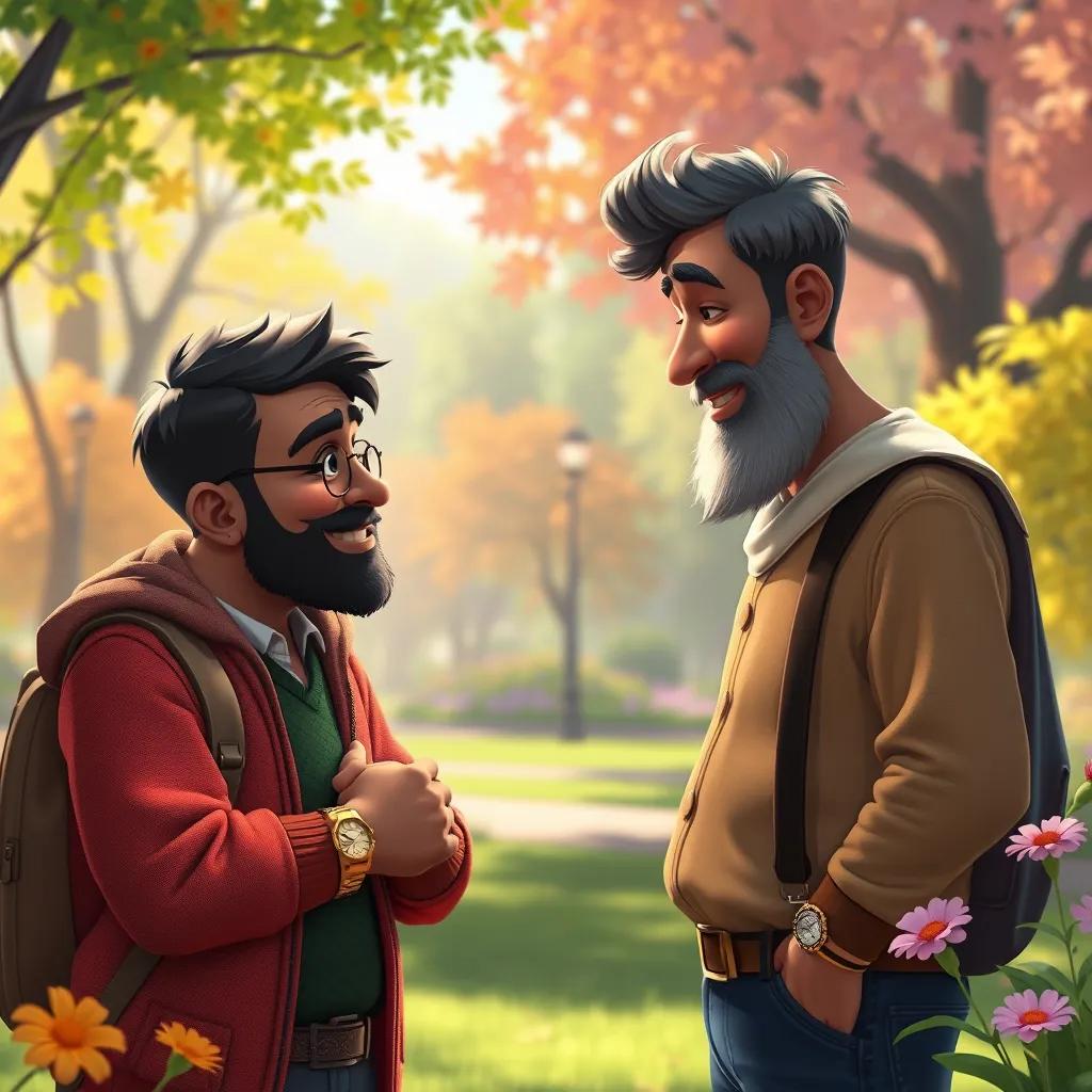 Image of Two men talking in a park, one rich with a golden watch, and the other poor with a kind face, exchanging stories, soft light, colorful trees and flowers around them, illustration, uplifting