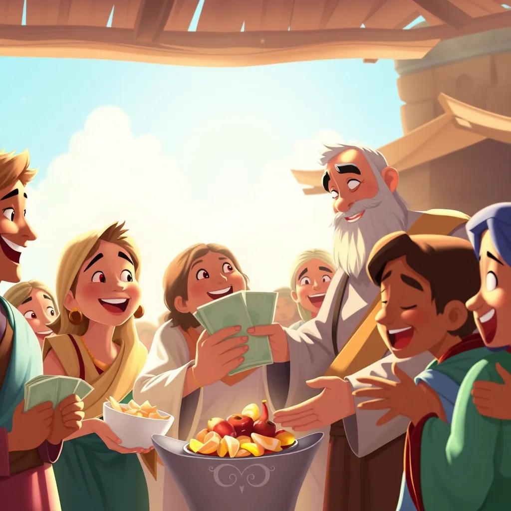 Image of A scene of charity, the rich man giving money and food to people in need, joyful expressions on everyone's faces, bright sunlight, lively atmosphere, digital painting, heartwarming