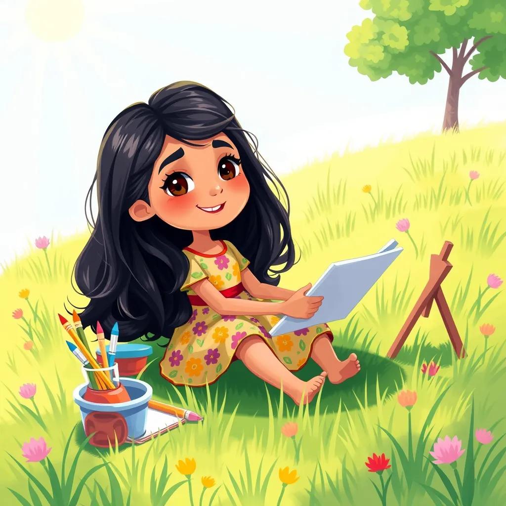 Image of A young Arab girl, Leila, with long, black hair, wearing a colorful dress, sitting on the grass with art supplies and a sketchpad, sunlight shining, cheerful atmosphere, vibrant colors, heartwarming scene, digital art