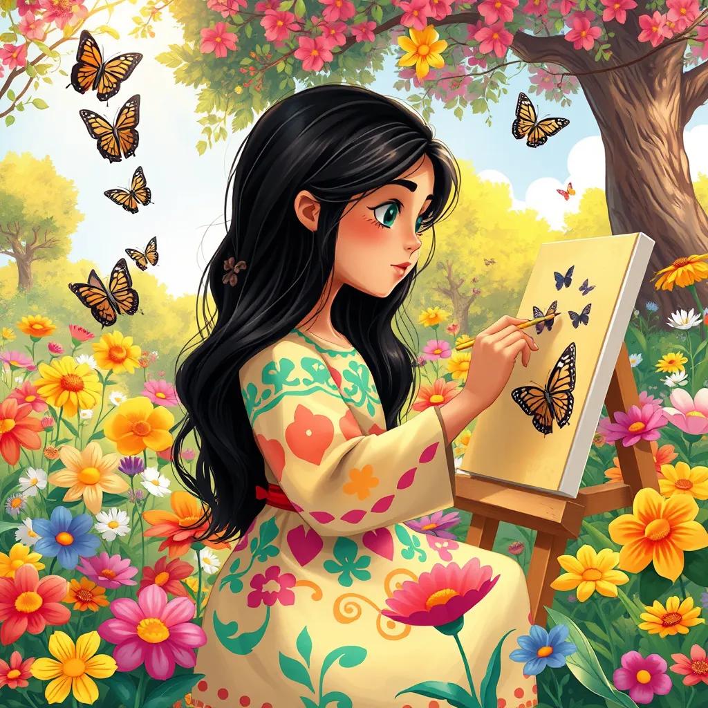 Image of Leila, a young Arab girl with long, black hair in a colorful dress, painting a beautiful garden full of bright flowers, surrounded by butterflies and trees, colorful, warm sunlight, artistic and cheerful, detailed illustration