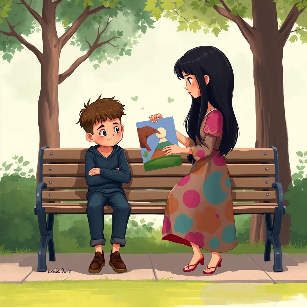 Image of A sad boy sitting on a park bench, looking lonely, with Leila, a young Arab girl with long, black hair in a colorful dress, offering her painting to him, heartwarming, soft colors, emotional expression, friendly atmosphere, digital painting