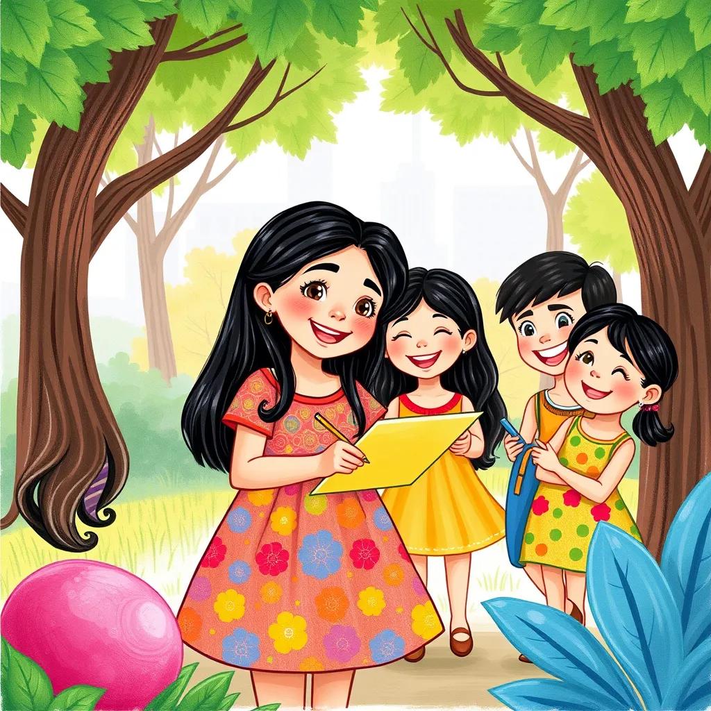 Image of Leila, a young Arab girl with long, black hair in a colorful dress, drawing her happy friends playing together, all smiling in a vibrant park scene, joyful, colorful, playful, child-friendly illustration