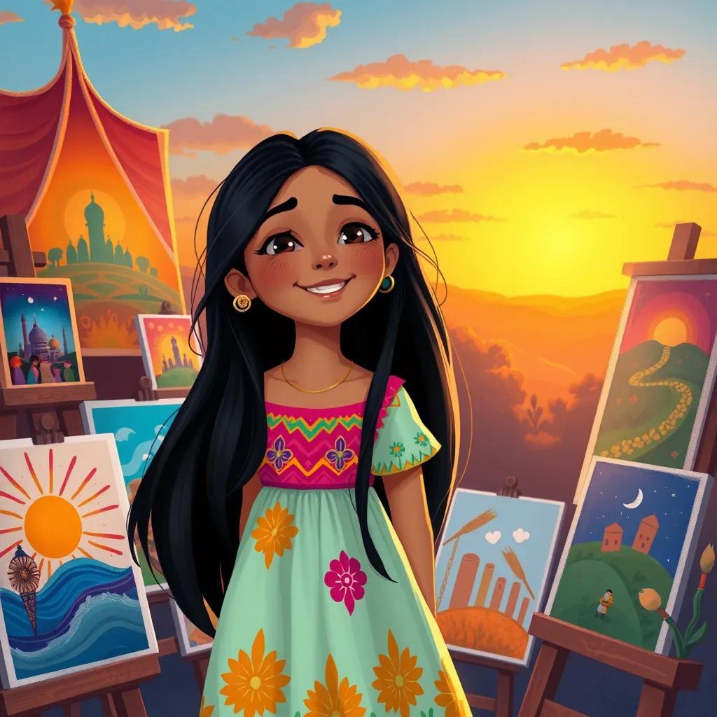 Image of Leila, a young Arab girl with long, black hair in a colorful dress, smiling at sunset surrounded by her painted pictures, reflecting joy and creativity, warm light, magical vibe, inspiring scene, digital art