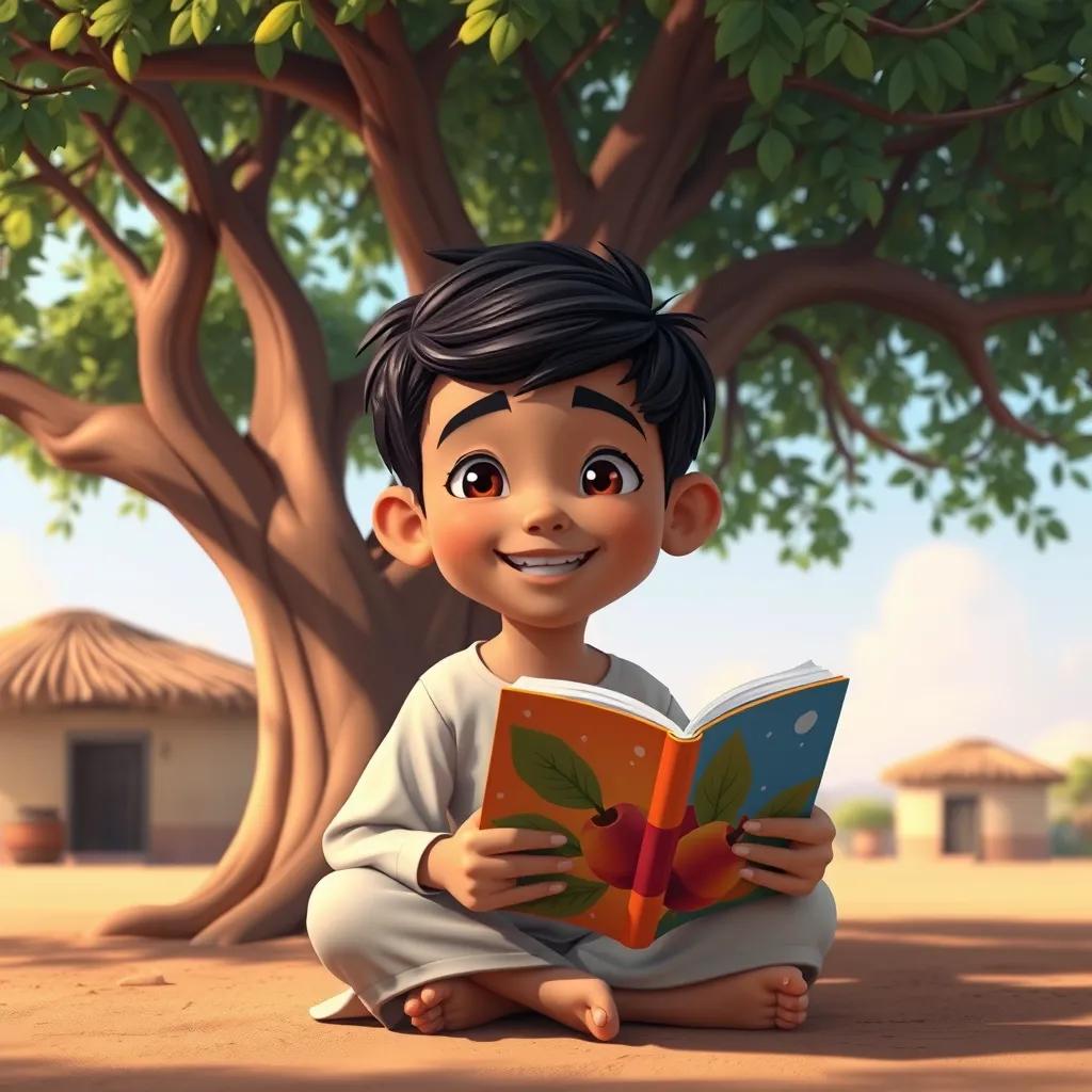 Image of A young Arab boy, Hamdan, with short black hair and a bright smile, sitting under a big, shady tree in his small village, holding a colorful storybook, digital art, warm colors, friendly atmosphere, high quality