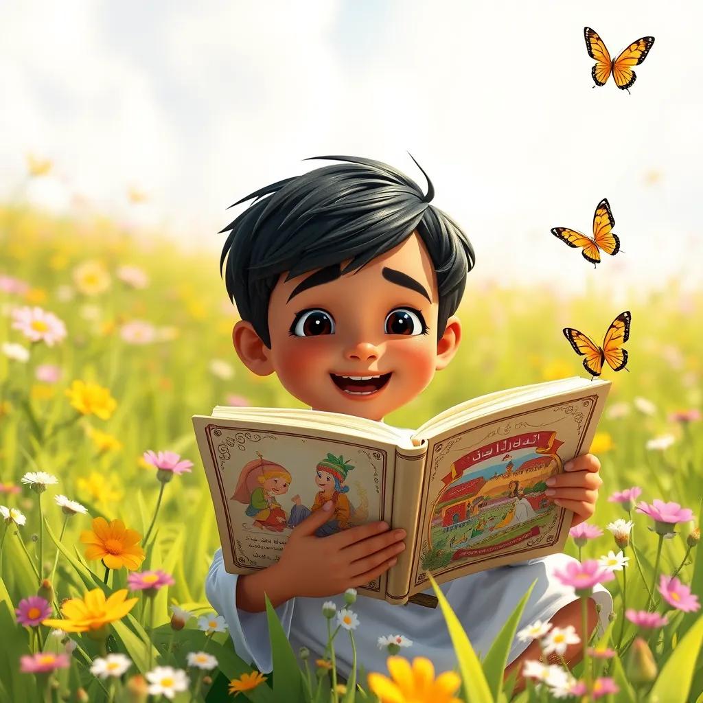 Image of Hamdan, a young Arab boy, with short black hair, excitedly reading an ancient book with colorful illustrations in a sunny meadow, surrounded by flowers and butterflies, cheerful, vibrant, child-friendly