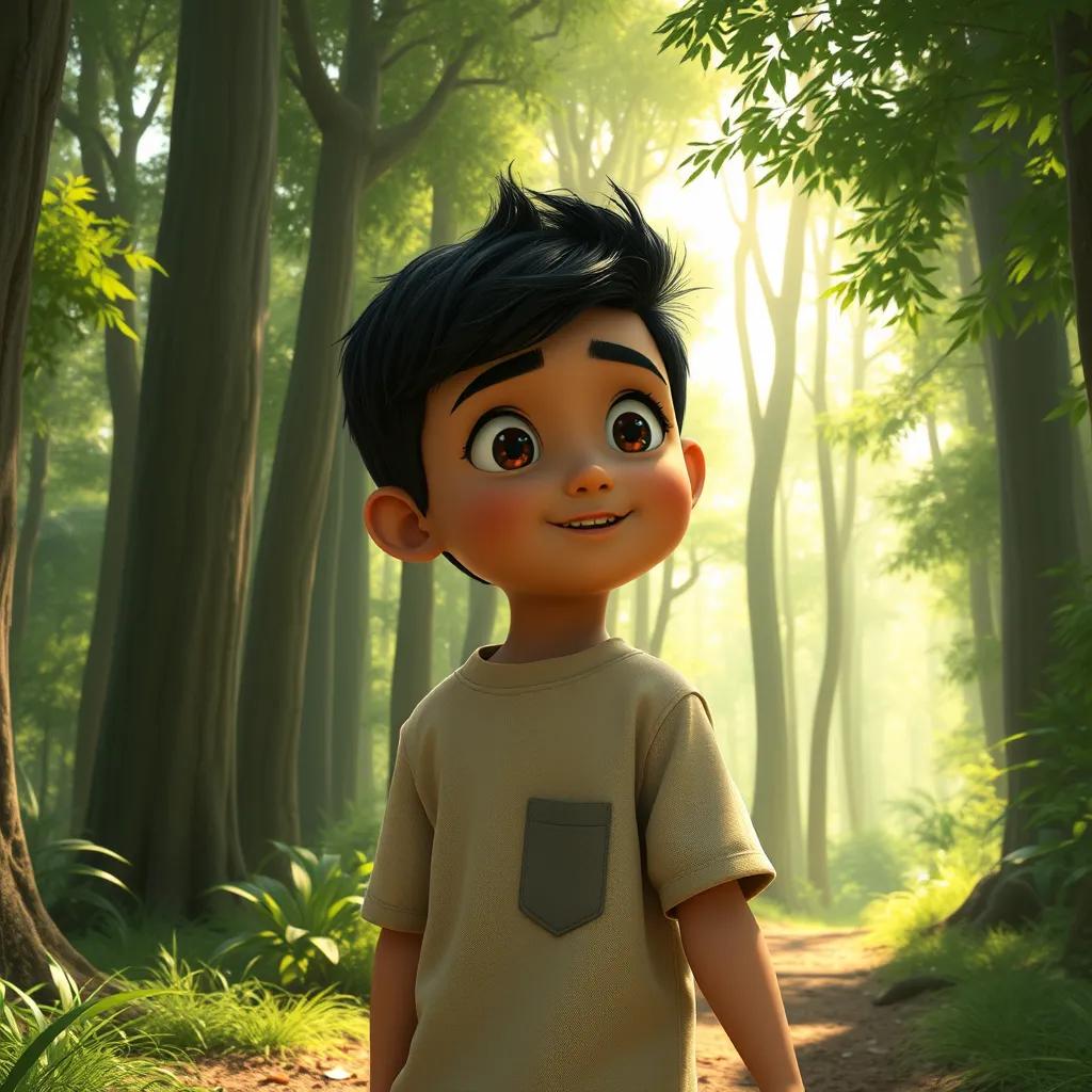 Image of Hamdan, a young Arab boy, with short black hair, feeling a sense of wonder as he walks into a lush green forest full of tall trees and mysterious sounds, bright sunlight streaming through, adventurous mood, high quality