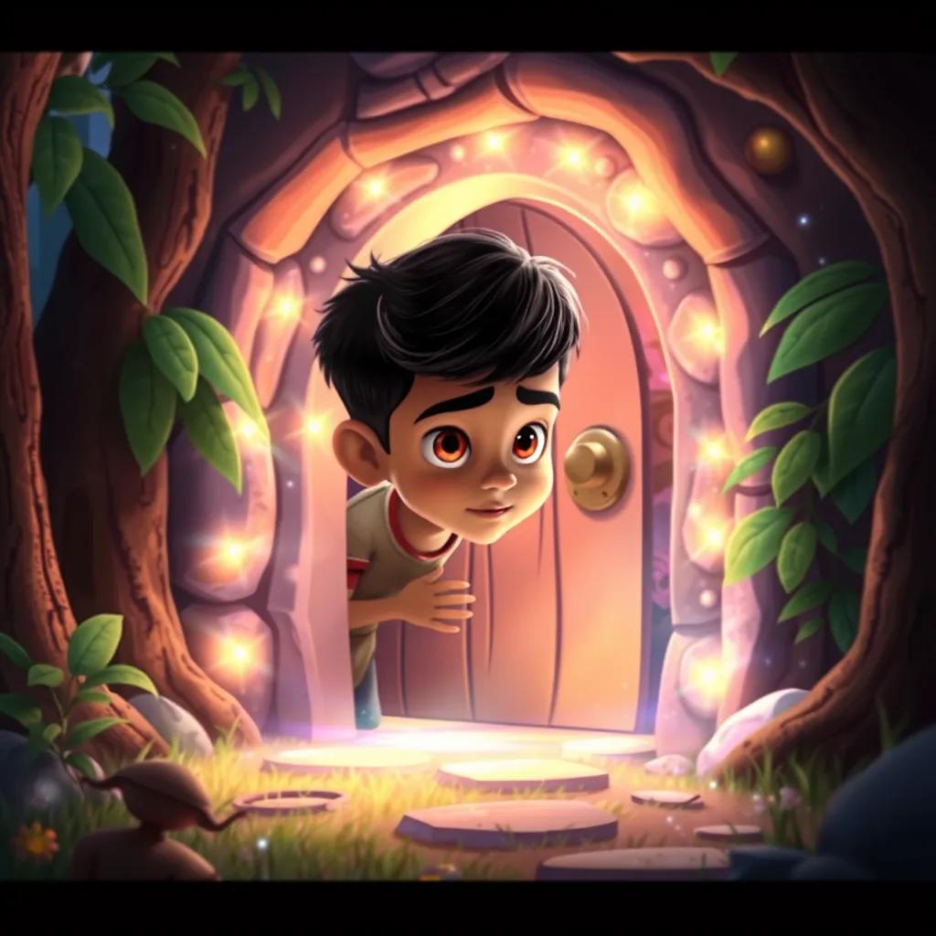 Image of A magical secret door appearing in the forest, with glittering lights around it, Hamdan, a young Arab boy with short black hair, peering curiously at the door, filled with excitement and anticipation, fantasy, colorful, enchanting atmosphere