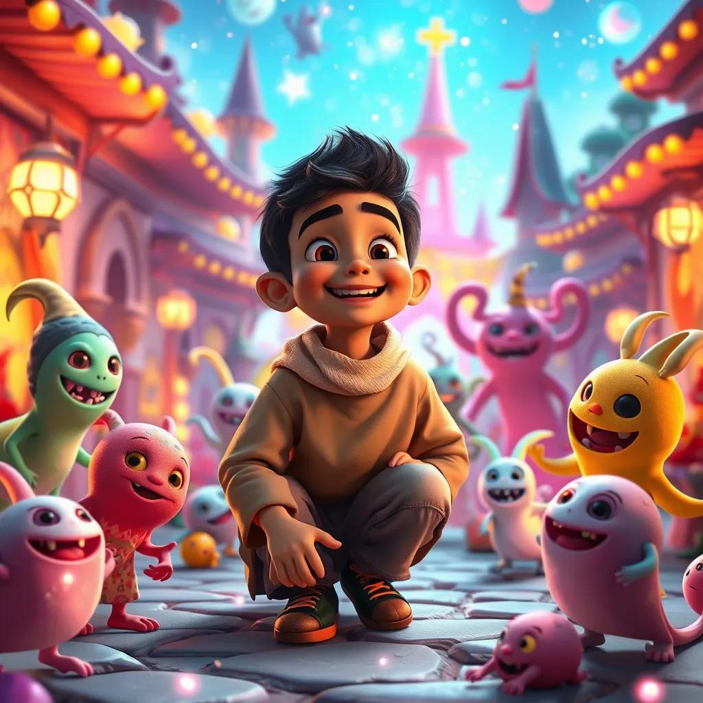 Image of Hamdan, a young Arab boy with short black hair, happily playing with colorful, friendly ghouls in a vibrant magical land, surrounded by sparkling lights and whimsical scenery, joyful, imaginative, high quality