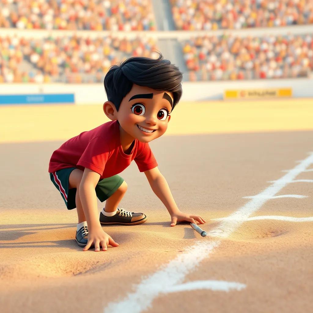 Image of A young Arab boy, Sami, with short black hair, wearing a t-shirt and shorts, helping draw lines in the sand for a football field, cheerful expressions, playful, colorful, digital art, high quality