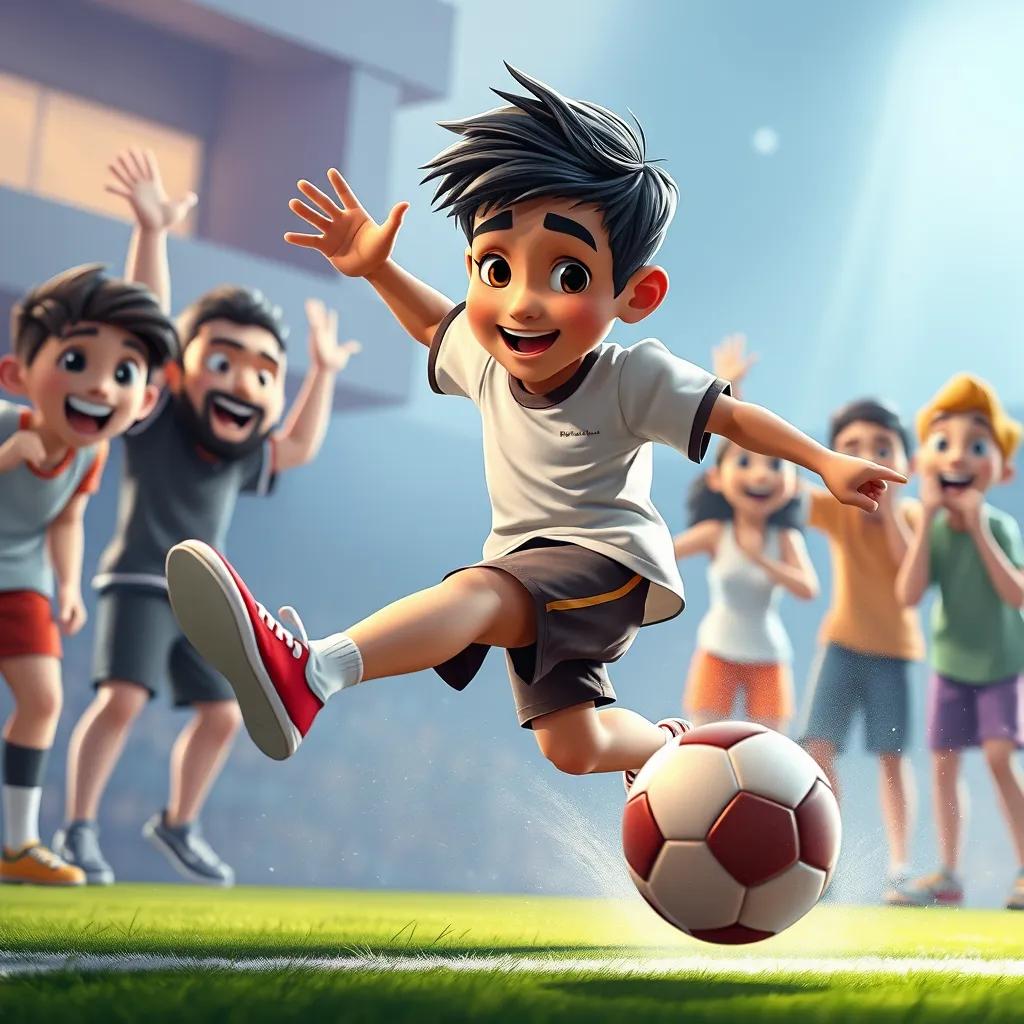 Image of A young Arab boy, Sami, with short black hair, wearing a t-shirt and shorts, kicking a football and scoring a goal, friends cheering around him, excited faces, vibrant colors, dynamic movement, digital art, high quality