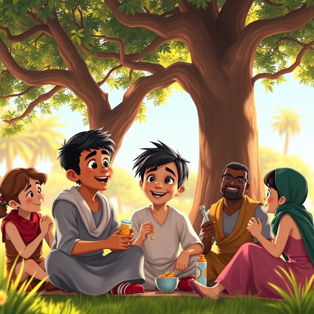 Image of A young Arab boy, Sami, with short black hair, sitting under a large tree with friends, enjoying a snack, sunny day, relaxed atmosphere, warm light, laughter, colorful, digital art, high quality