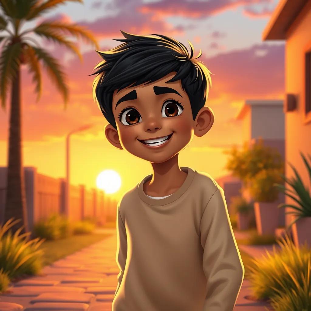 Image of A young Arab boy, Sami, with short black hair, walking home happily after a fun day, smiling, warm sunset, content expression, peaceful surroundings, vibrant colors, digital art, high quality