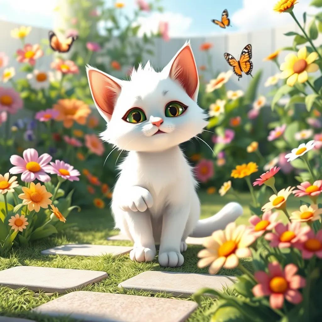 Image of A beautiful white cat, Loli, with soft fur and bright green eyes, playing in a sunny garden with colorful flowers and butterflies, digital art, cheerful, vibrant colors, inviting atmosphere, high quality