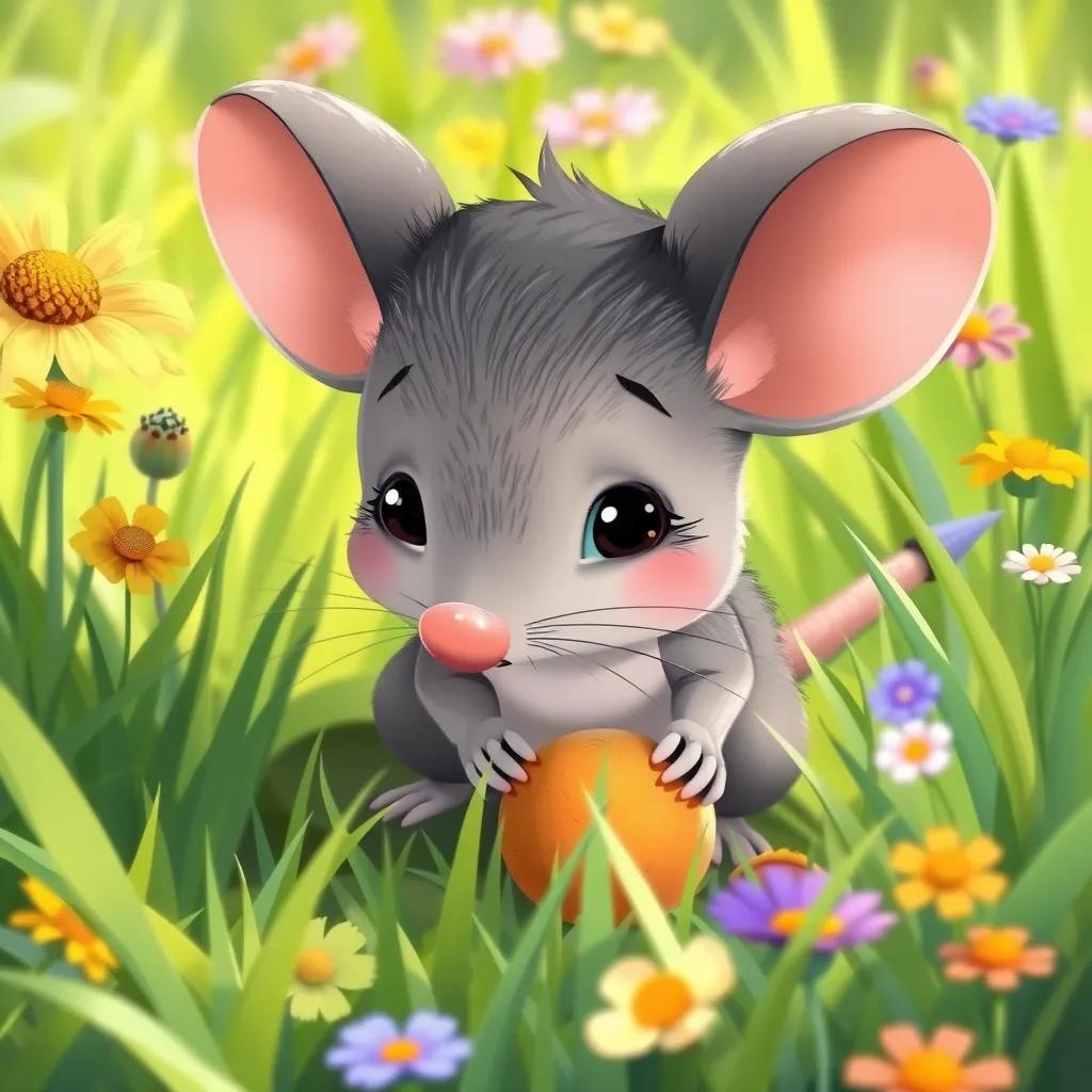 Image of A small gray mouse, Mishu, with a tiny nose and big ears, exploring the garden looking for food, surrounded by green grass and wildflowers, illustration, playful, child-friendly, bright colors