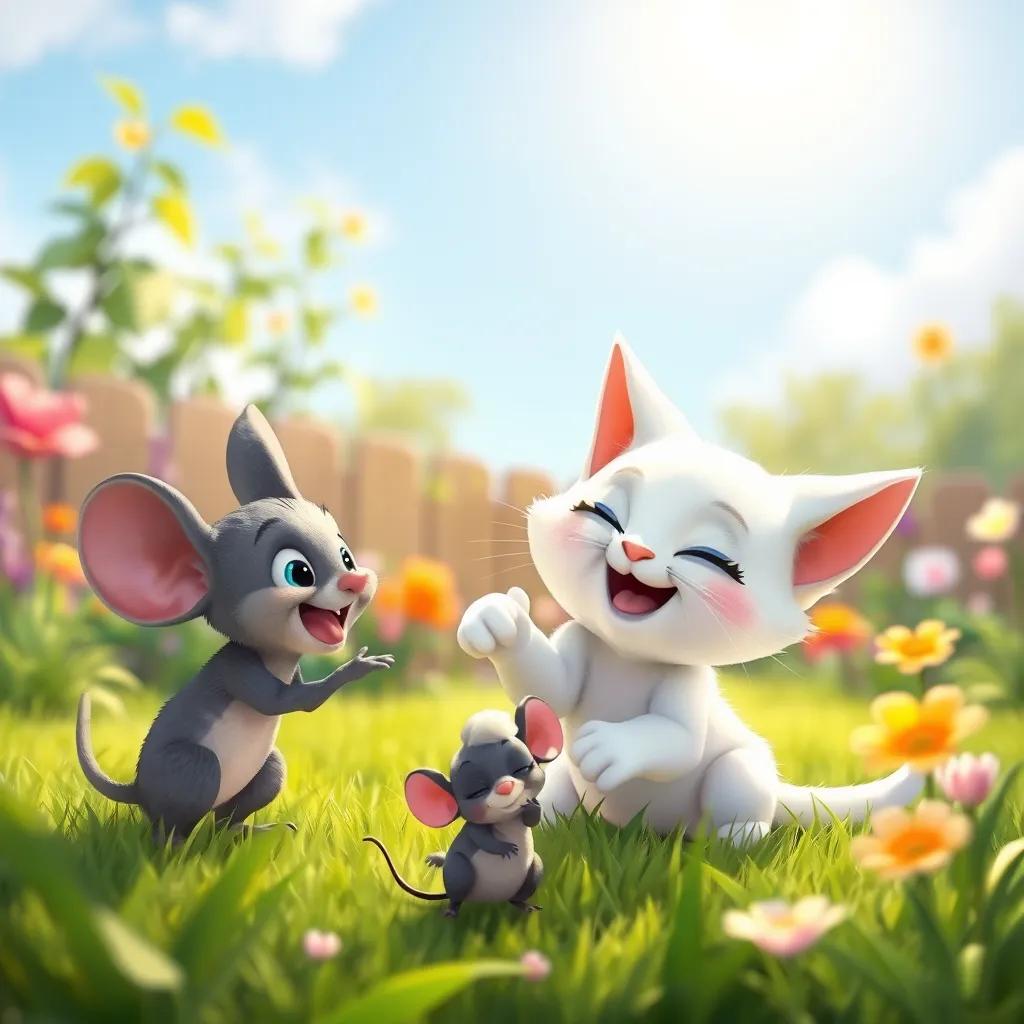 Image of Loli the beautiful white cat playing with Mishu the gray mouse, both smiling and enjoying their time together in the garden, bright sun shining down, cheerful scene, digital art, colorful, joyful atmosphere