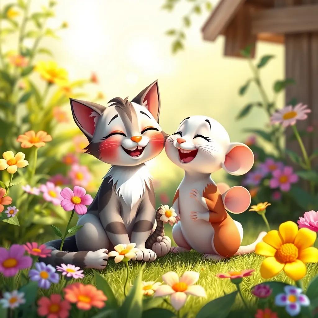 Image of Loli the cat and Mishu the mouse sitting side by side in the garden, laughing together with flowers blooming around them, a warm sunny day, heartwarming, colorful, friendly vibe