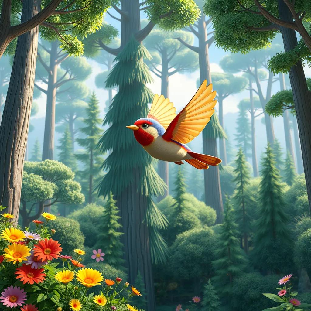 Image of A colorful small bird, Al-Muzan, flying high above a lush green forest, surrounded by tall trees and colorful flowers, digital art, vibrant colors, joyful atmosphere, high quality