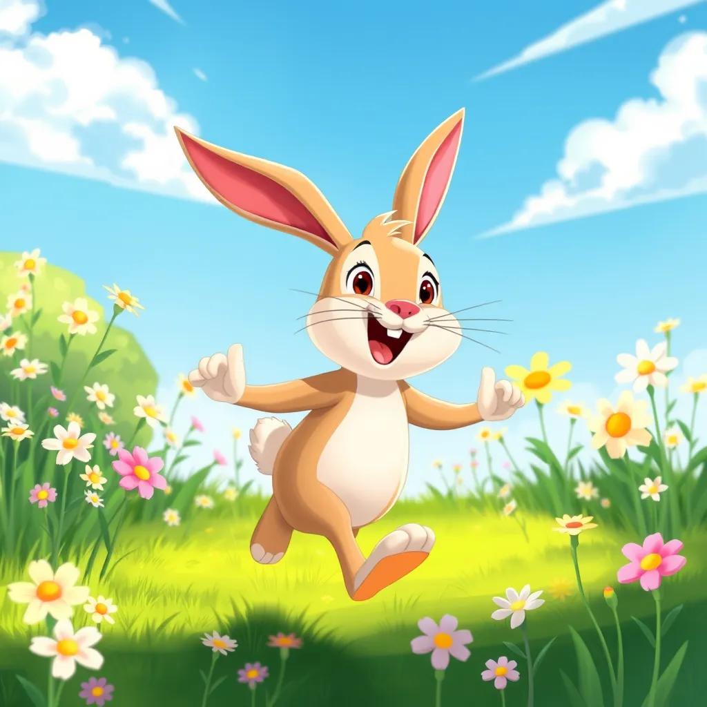 Image of A speedy rabbit, Al-Yazan, hopping excitedly in a meadow full of blooming flowers under a bright blue sky, illustration, cheerful, adventure-themed, child-friendly