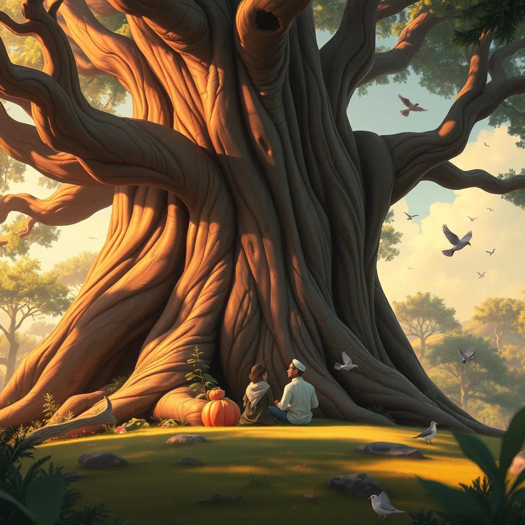 Image of A giant tree with a thick trunk and strong branches, Al-Muzan and Al-Yazan sitting underneath, enjoying the peaceful surroundings with birds singing around them, detailed digital art, warm colors, inviting atmosphere