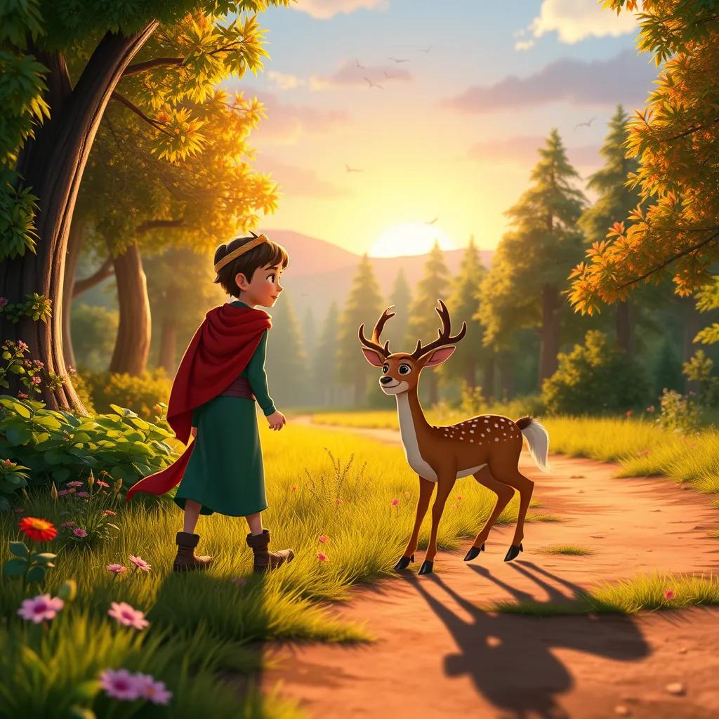 Image of Al-Muzan and Al-Yazan guiding the little deer back to its family, a beautiful scene with a forest path and the sun setting in the background, vibrant colors, uplifting imagery