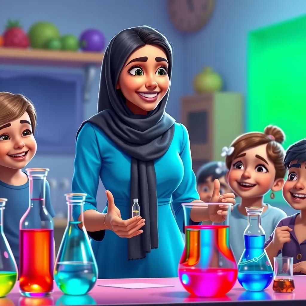 Image of Fátima, an Arab woman in her thirties, in a stylish blue dress with a scarf, demonstrating an exciting science experiment with colorful liquids, the happy children watching intently, digital art, vibrant colors, lively scene, high quality