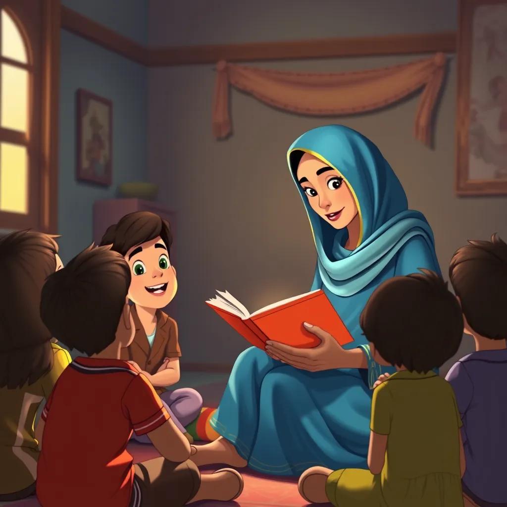 Image of Fátima, an Arab woman in her thirties, with a stylish blue dress and a scarf, reading an exciting book to her attentive students sitting in a circle, warm light, cozy atmosphere, detailed illustration, high quality