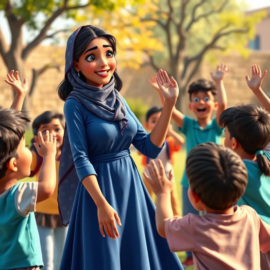 Image of Fátima, an Arab woman in her thirties, dressed in a stylish blue dress with a scarf, organizing a fun teamwork game with her excited students outdoors, vibrant colors, cheerful mood, high quality