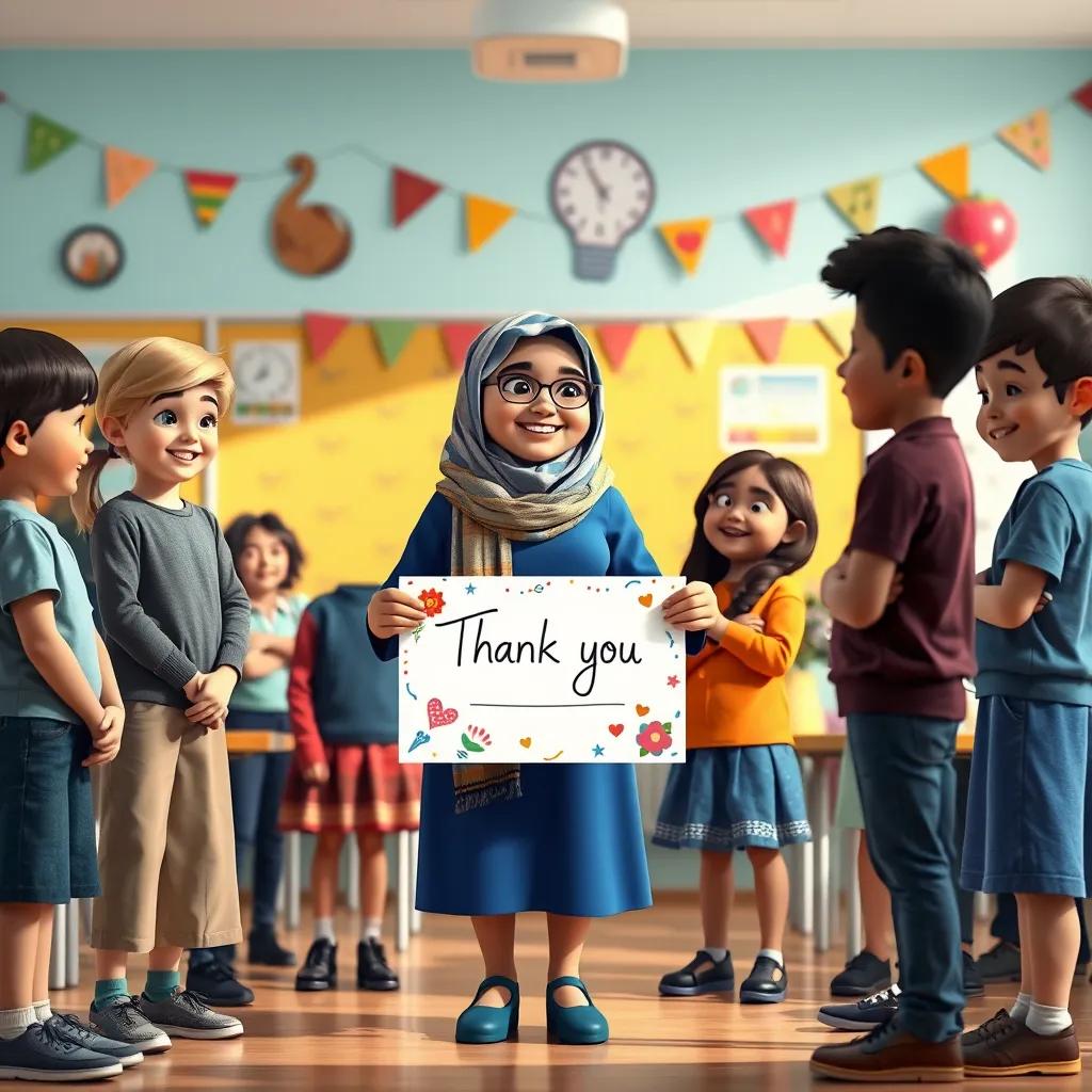 Image of A group of happy students presenting a large thank you card to Fátima, an Arab woman in her thirties with a stylish blue dress and a scarf, standing in a decorated classroom, emotional moment, warm light, bright colors, high quality