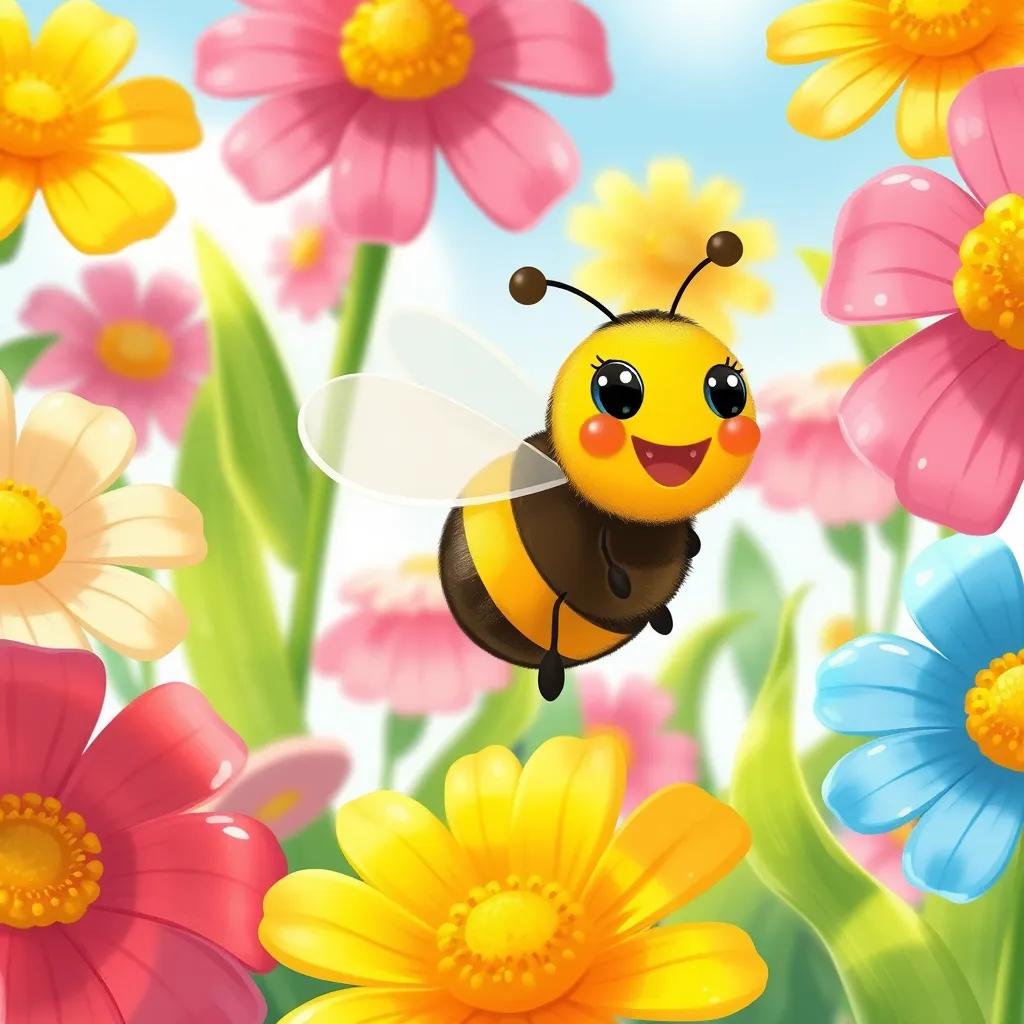 Image of A small bee, Bqah, flying happily around colorful flowers, with bright petals and green leaves, sunny day, cheerful atmosphere, digital art, vibrant colors, warm sunlight, high quality