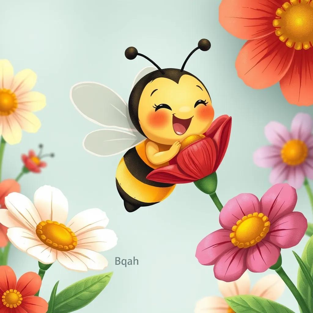 Image of Bqah, the little bee, hovering over a red flower, collecting nectar, joyful expression, surrounded by more flowers of various colors, detailed illustration, cheerful and inviting, high quality