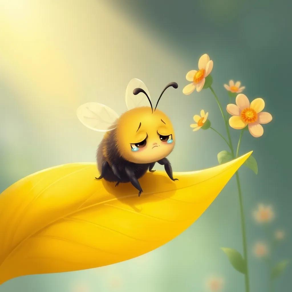 Image of A sad bee sitting on a yellow leaf, looking down with teary eyes, soft light shining down, a gentle breeze rustling nearby flowers, illustration, emotional atmosphere, high quality