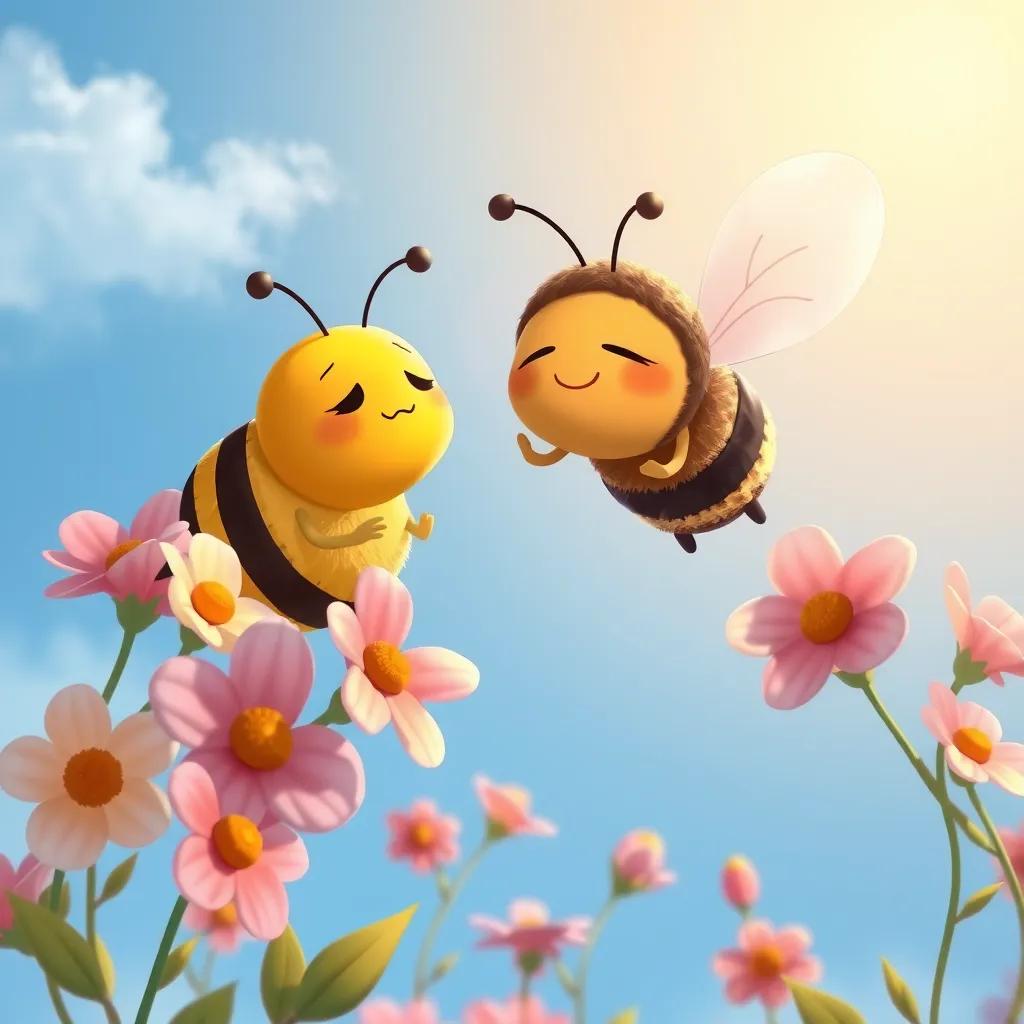 Image of Bqah, comforting the sad bee, with a friendly smile, both flying together above blooming flowers, beautiful blue sky, warm sunlight, digital art, comforting atmosphere, high quality