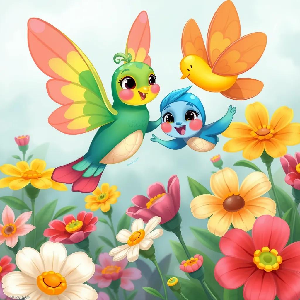 Image of Bqah and her new friend, flying together over vibrant flowers, gathering nectar, the flowers appear alive, displaying smiles and happiness, digital illustration, colorful, joyful atmosphere, high quality