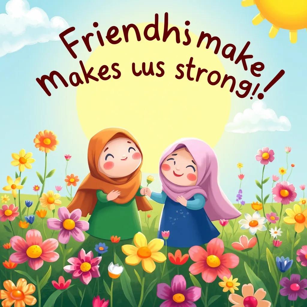 Image of Bqah saying, "Friendship makes us strong!", in a field of blooming flowers, vibrant colors around them, sunshine bathing the scene, illustration, inspiring atmosphere, high quality