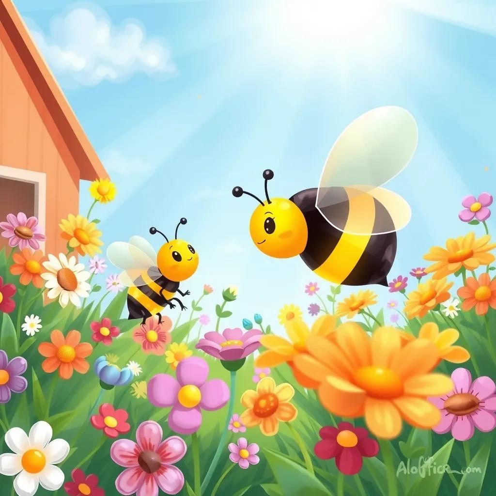 Image of A beautiful garden full of colorful flowers witnessing the friendship bloom between bees, light rays shining through preparing a warm and lovely scene, digital art, bright and lively, high quality