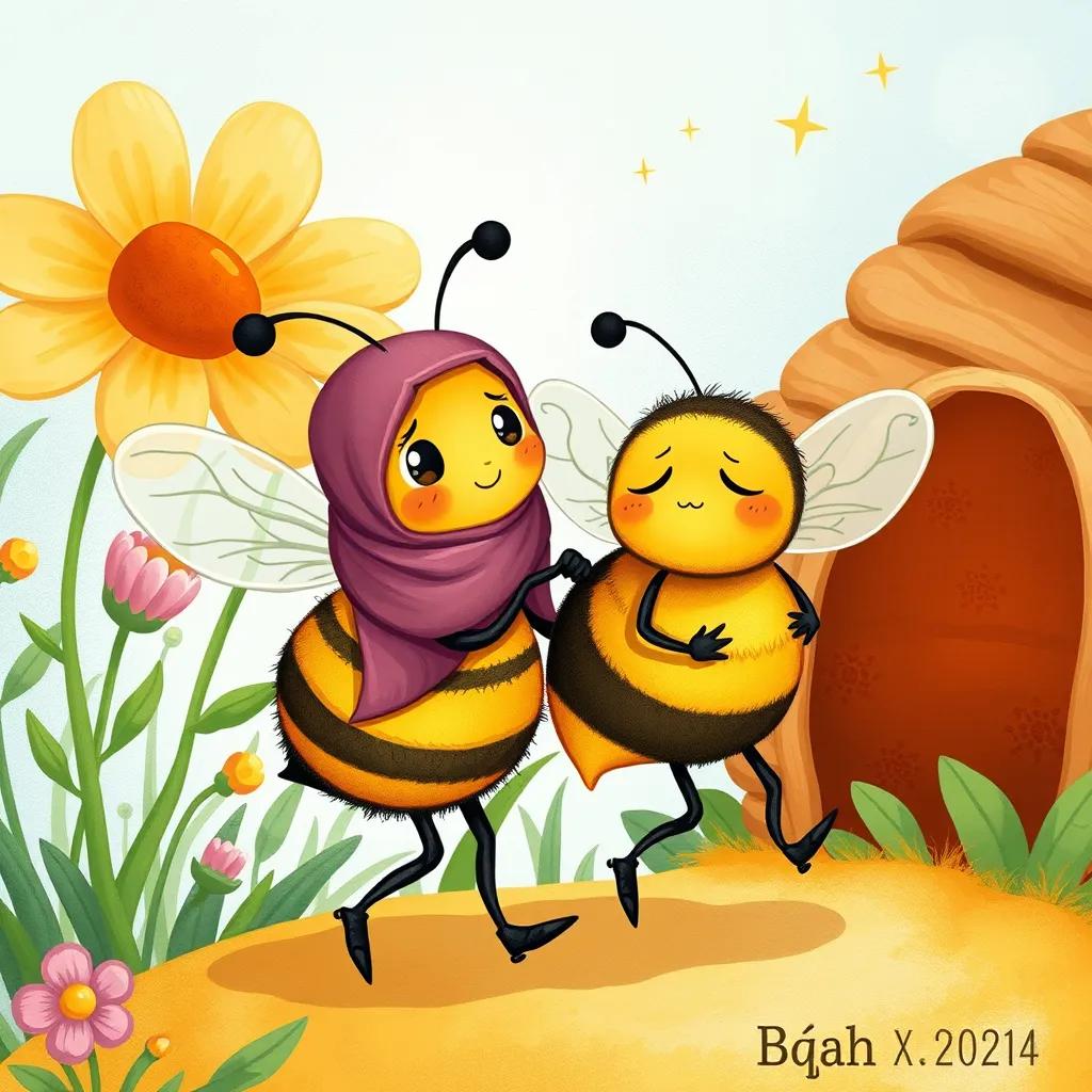 Image of Bqah and the sad bee, returning together to the hive, carrying nectar and joy, flowers in the background showing happiness, illustration, rich colors with uplifting vibes, high quality