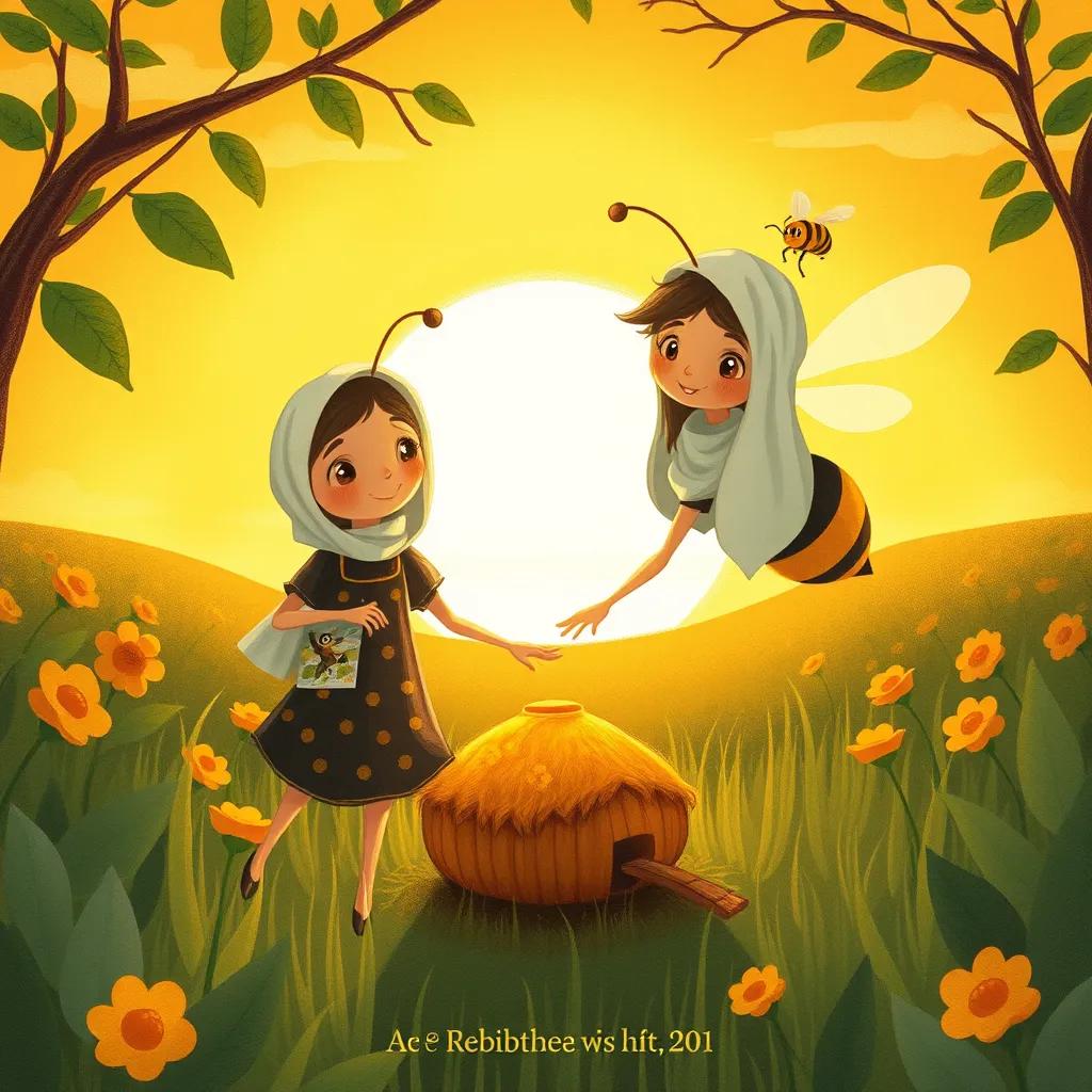 Image of Bqah and her friend happily collecting nectar and returning joy to their hive, with a glowing sunset in the background, warm atmosphere, illustration, heartwarming, high quality