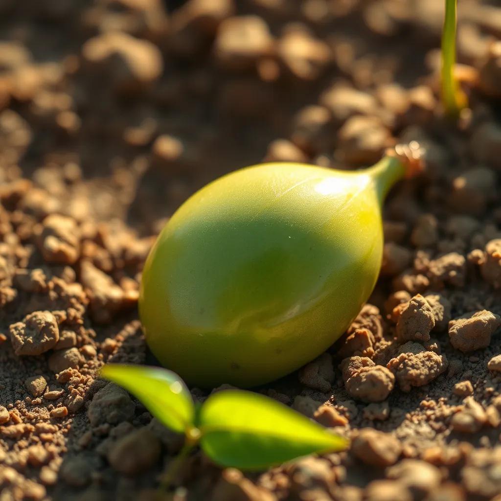 Image of A beautiful seed with a shiny green seed coat, lying in soft, warm soil, sunlight filtering down, peaceful atmosphere, vibrant colors