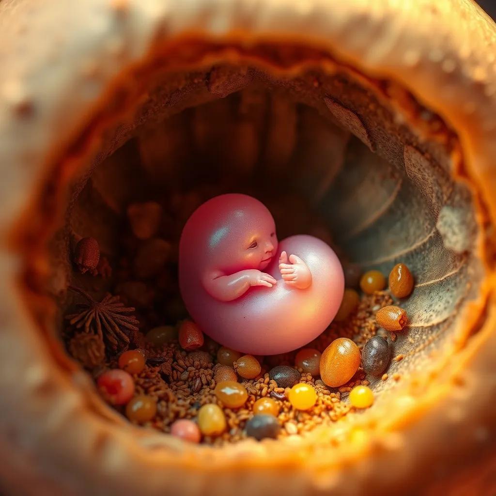 Image of A small, safe embryo inside the seed, surrounded by rich nutrients, colorful illustration, warm light, cozy feel