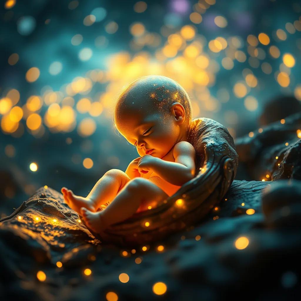 Image of The embryo dreaming of adventure, surrounded by sparkling lights, whimsical and magical atmosphere, bright colors