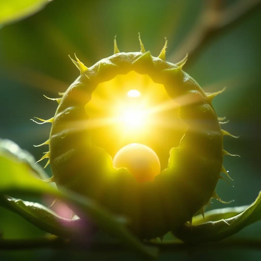 Image of The moment the embryo breaks through the green seed coat, excitement in the air, a burst of sunlight illuminating the scene, joyful tone