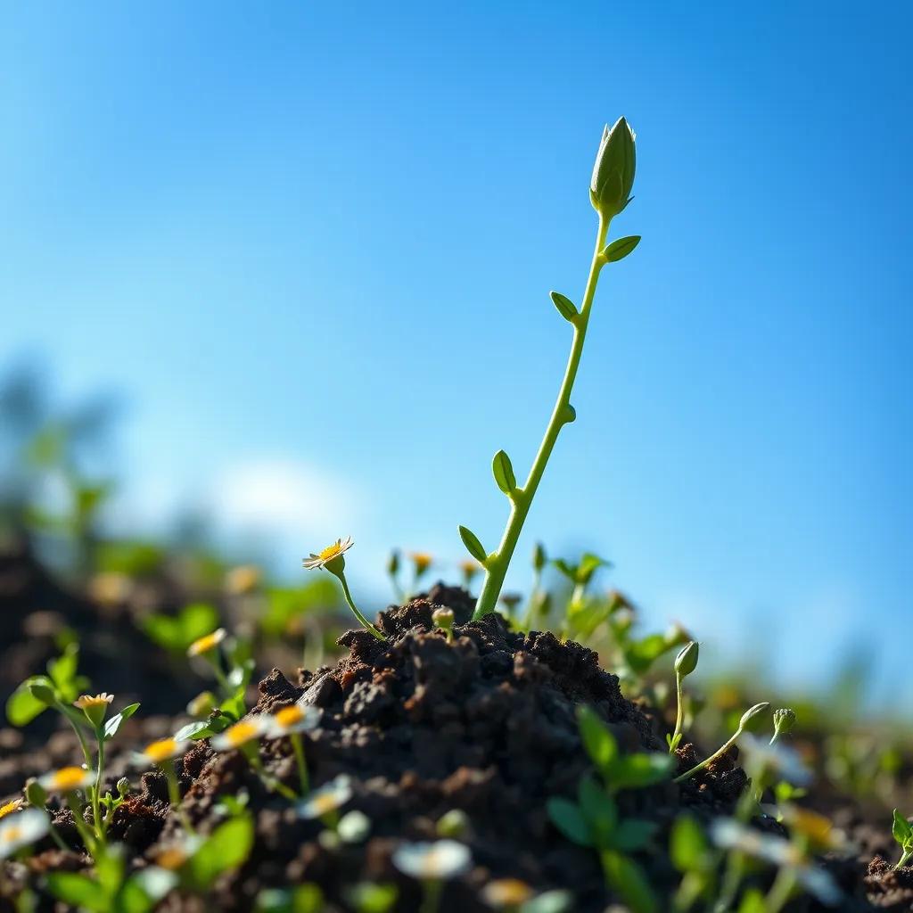 Image of The newly sprouted plant reaching towards the blue sky, small flowers blooming around, vibrant and uplifting