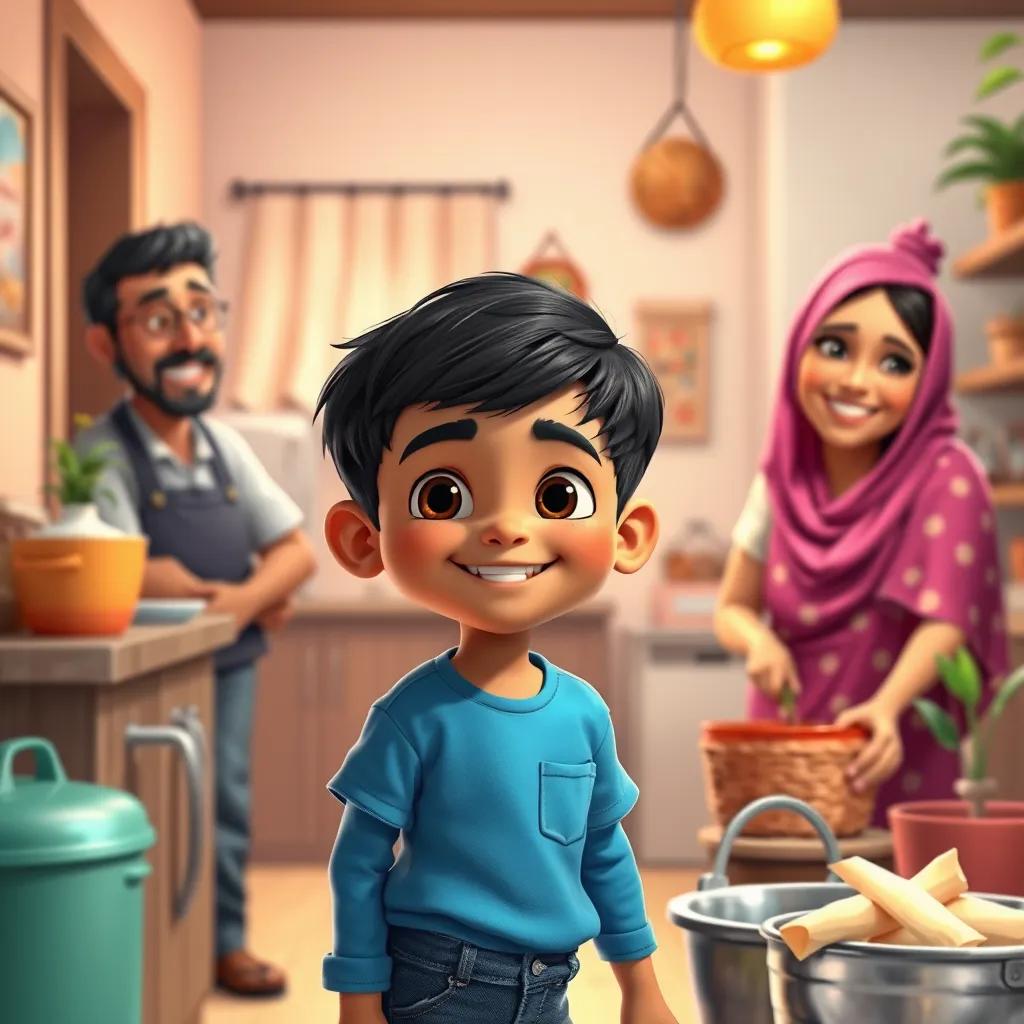 Image of A young Arab boy, Ali, with short black hair, wearing a bright blue shirt and jeans, smiling while helping his parents with household chores, cheerful atmosphere, digital art, detailed, warm colors, inviting scene, high quality