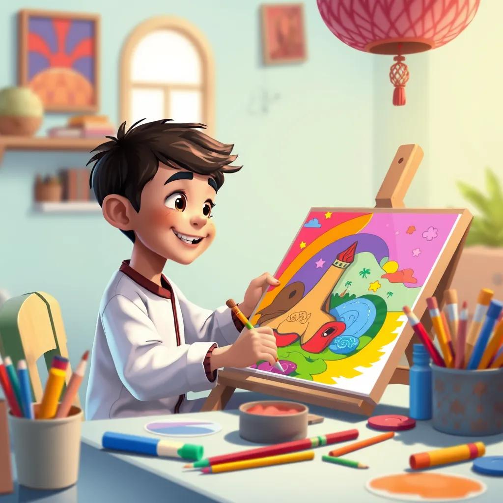 Image of A young Arab boy, Ali, painting a large colorful picture for his parents, sitting at a table filled with art supplies, vibrant colors, joyful setting, illustration, child-friendly, high quality